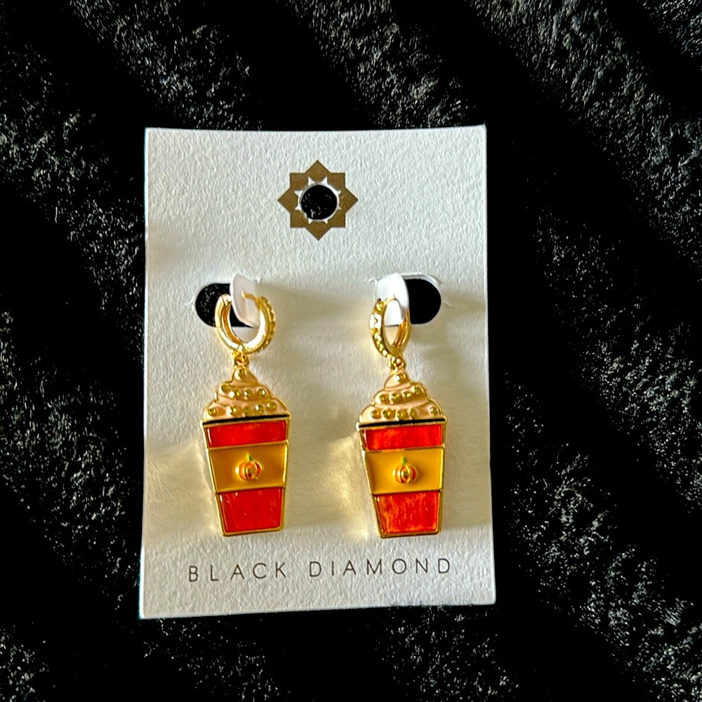 Pumpkin Spice Latte jewel encrusted huggie dangle earrings NWT